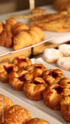 Variety of freshly baked pastry puff croissants and buns on display at buffet table in restaurant or hotel for breakfast or brunch. Morning meal concept for food blog and catering