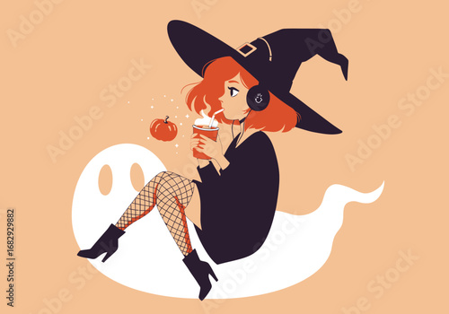 A modern red-haired witch wearing headphones sips a steaming pumpkin drink while floating on a friendly ghost.
