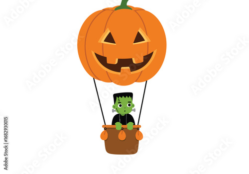 A cute cartoon Frankenstein monster flies happily in a whimsical hot air balloon shaped like a smiling Jack-o'-lantern.