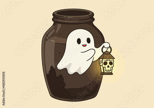 A cute cartoon ghost with rosy cheeks emerges from a dark jar, holding a glowing skull-shaped lantern.