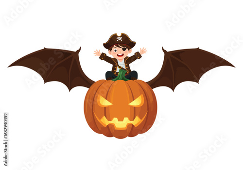 An adorable cartoon pirate boy joyfully rides a magical flying jack-o'-lantern adorned with large bat wings for Halloween.