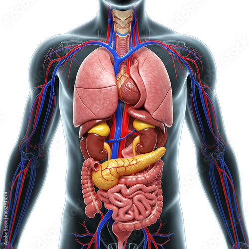 Detailed anatomical illustration of human internal organs and circulatory system isolated on transparent background