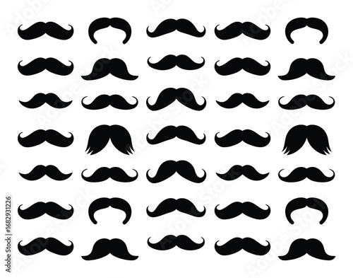 Collection of diverse black mustache styles arranged in a grid pattern on a white background showcasing various shapes and sizes