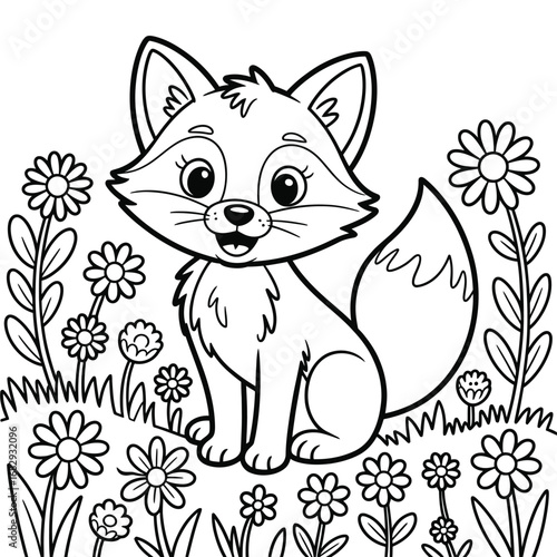 Adorable cartoon fox sitting among flowers coloring page nature cute