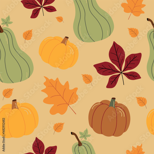Seamless pattern with pumpkins, berries and colorful leaves. Autumn ornament. Thanksgiving day concept.