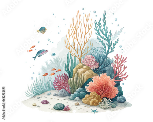Underwater Watercolor Coral Reef and Sea Plants Illustration