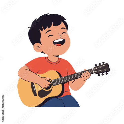 A joyful child happily plays a toy guitar, expressing pure musical delight in a vibrant 2D flat vector illustration with minimalist clean lines, isolated on a white background.
