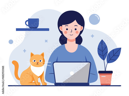 Woman working from home with cat laptop plant and coffee cup cozy workspace atmosphere