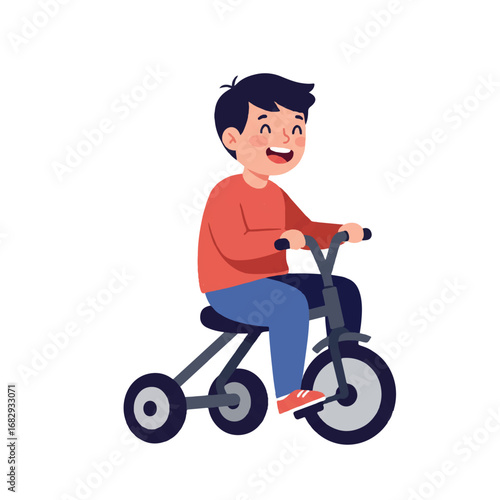 A joyful child riding a classic tricycle is depicted in a vibrant 2D flat vector illustration, showcasing minimalist clean lines and solid colors, isolated on a pristine white background.
