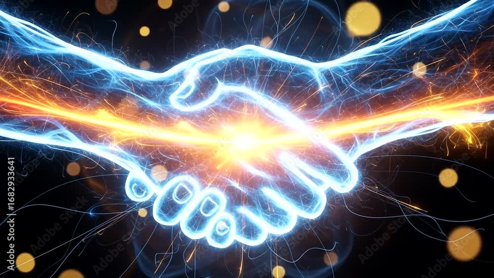 custom made wallpaper toronto digitalHands shaking with electric energy in a vibrant, abstract background of glowing particles