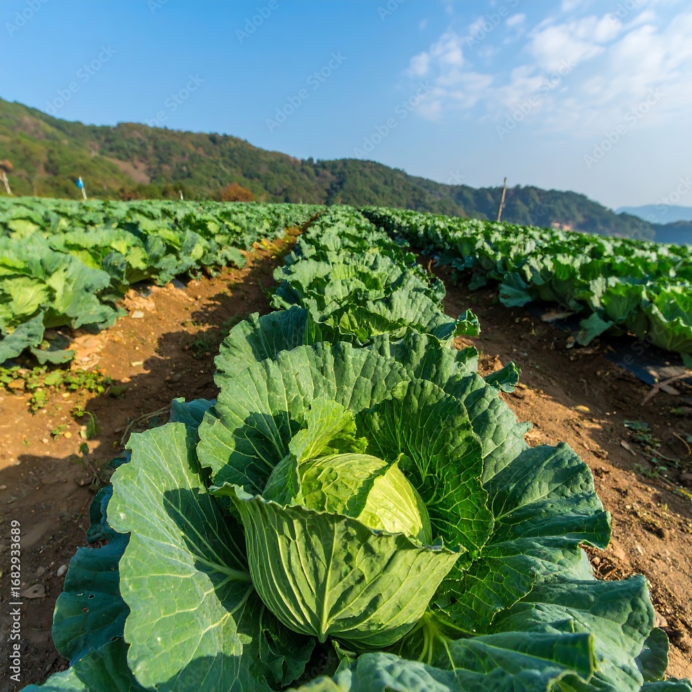 Naklejka premium Lush cabbage field against mountains