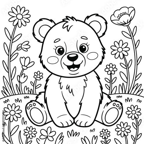 Cheerful Bear Cub Sitting Among Blooming Flowers in a Meadow vector illustration