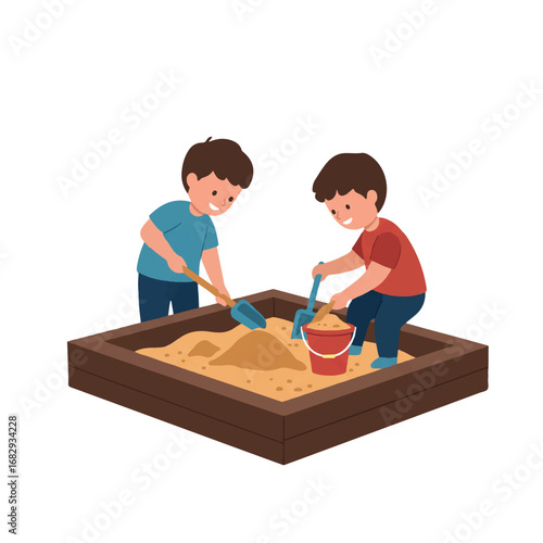 Two playful children are happily digging in a sandbox with colorful shovels and buckets, depicted as a cheerful 2D flat vector illustration on a clean white background.