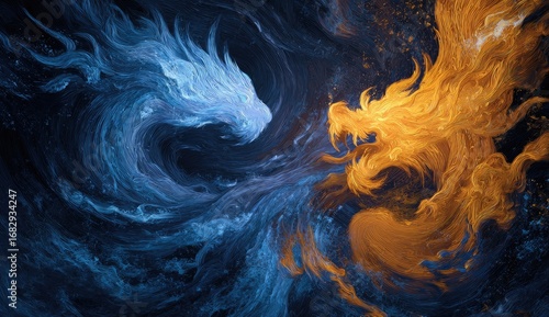 Two mythical dragons, one blue and icy, the other fiery orange, spiral in a cosmic vortex