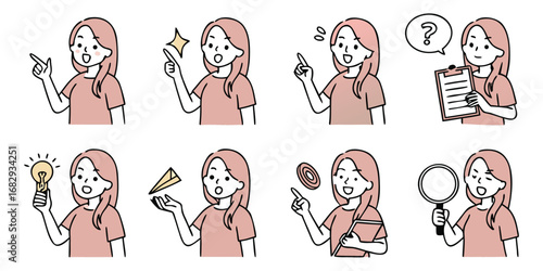 Young Woman Face Icons – Diverse Expressions, Clean Vector Style. Facial Expression Icon Set – Young Woman with Long Hair in Minimal Style