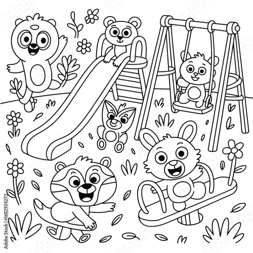 Coloring page of cute cartoon animals playing on playground equipment vector illustration