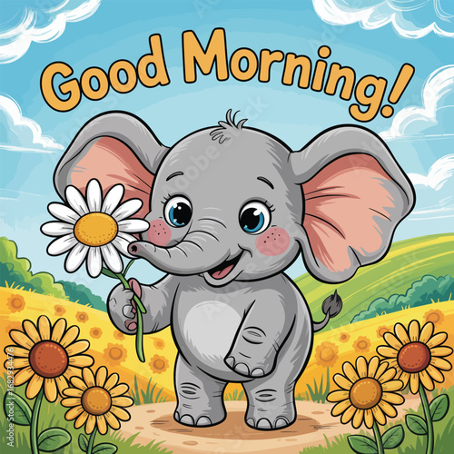 Cute cartoon baby elephant holding a daisy flower in a field of sunflowers animal