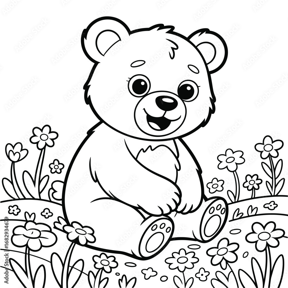 Fototapeta premium Cute cartoon bear sitting in a field of flowers coloring page illustration drawing