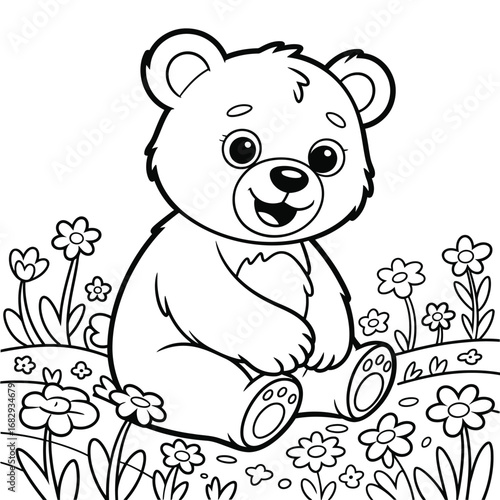Cute cartoon bear sitting in a field of flowers coloring page illustration drawing