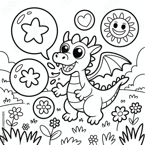 Cute cartoon dragon with wings and speech bubbles in a grassy field fantasy mythical
