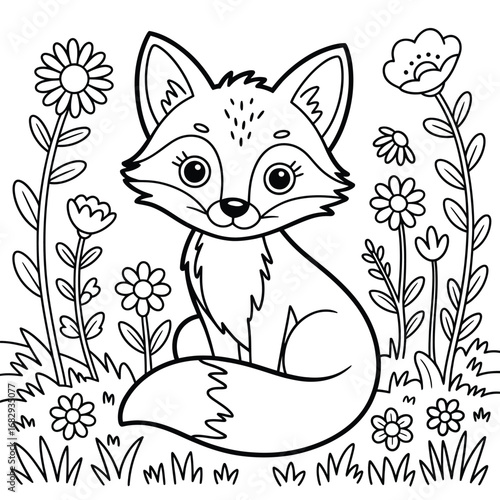 Cute cartoon fox sitting in a field of flowers line art illustration animal
