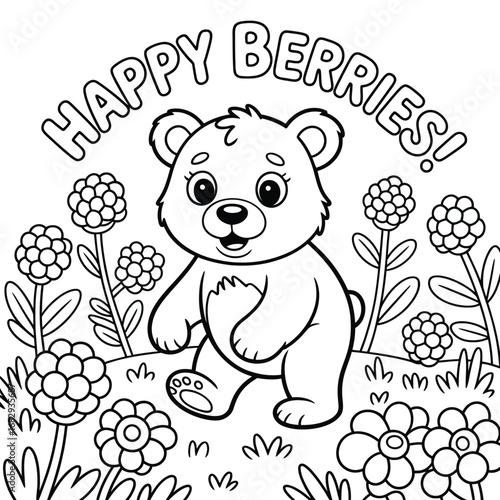 Happy bear with berries and flowers coloring page illustration nature cute