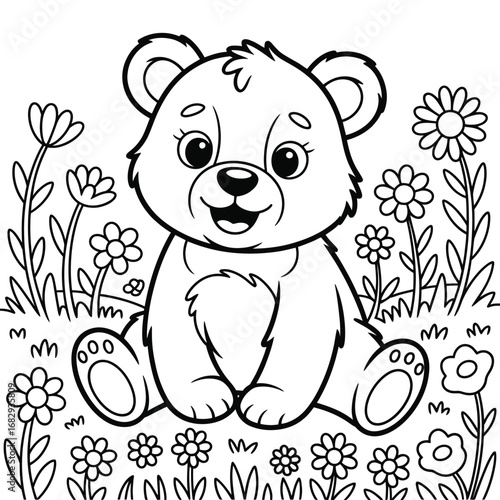 Happy cartoon bear sitting in a field of flowers line art animal cute