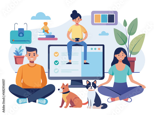 Family harmoniously managing digital life and work together with pets at home