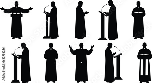 preacher, sermon, religion, faith, worship, podium, speech, clergy, church, spiritual, prayer, gospel, teaching, leader, congregation, robe, message, belief, guidance, silhouette