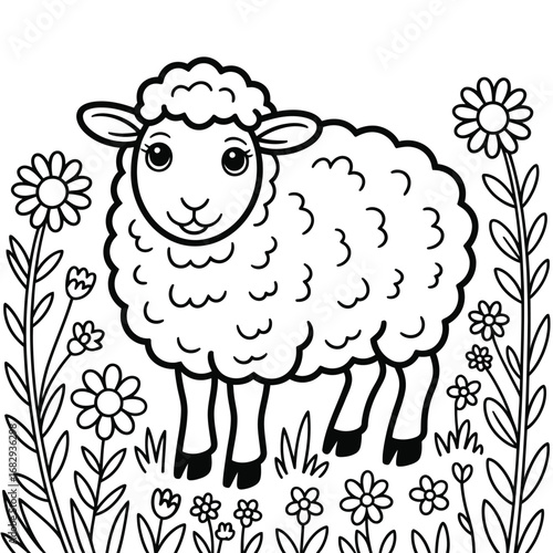 Outline drawing of a fluffy sheep standing in a field of flowers lamb animal