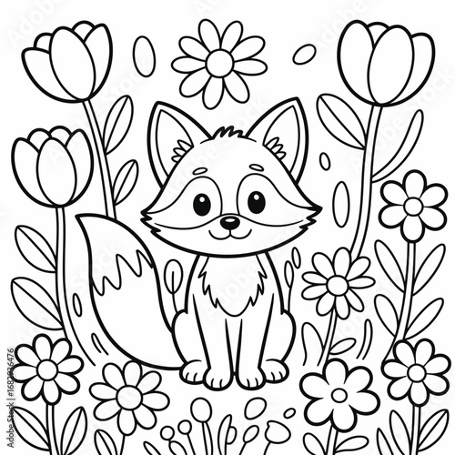 Outline of a happy fox surrounded by tulips and daisies for coloring animal cartoon