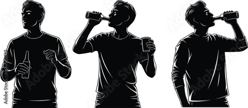 Drink, man, beer, silhouette, hold, bottle, alcohol, person, drinking, male, black, white, vector, illustration, sip, casual, pose, liquid, refreshment, action, consume, profile,