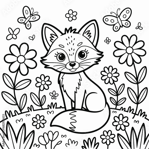 Playful fox with butterflies and flowers coloring page animal cute