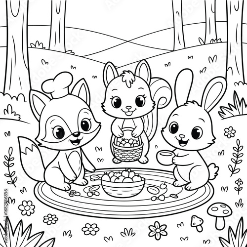 Three cute cartoon animals having a picnic in the forest illustration drawing