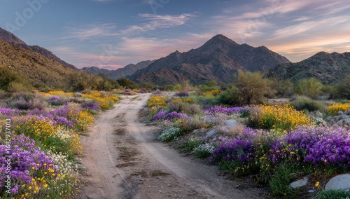 Desert road winds through vibrant wildflowers at sunset