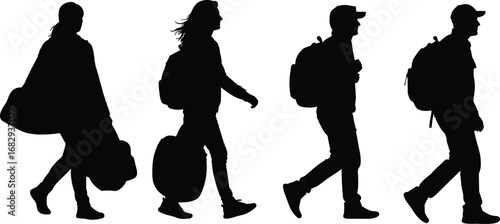 Travel, walking, silhouette, luggage, backpack, person, journey, tourist, side, view, black, white, vector, illustration, commuter, motion, bag, male, female,