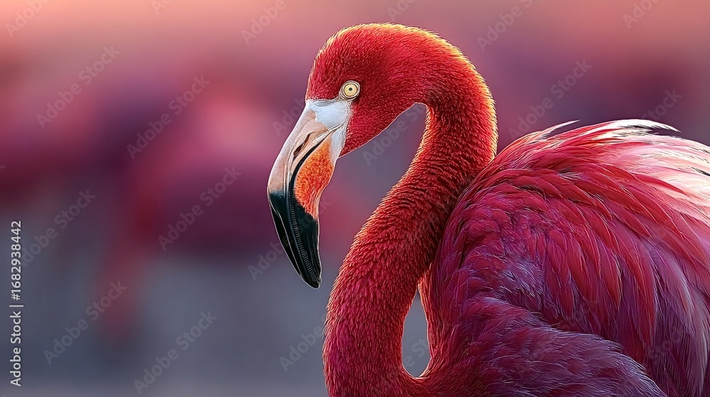 Obraz premium Close up view of a pink flamingo displaying its stunning plumage against a softly blurred background during sunset, creating a vibrant and enchanting scene filled with warm colors