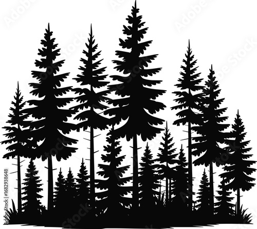 Forest silhouette cartoon, conifer tree icons, pine and fir shapes, wilderness scene, nature backdrop, black vector landscape, outdoor illustration, environmental theme, stylized woods