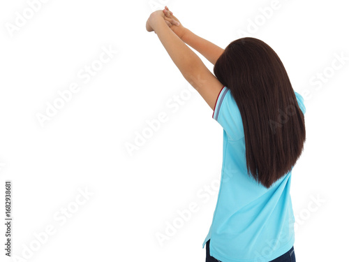 Young woman standing and stretch oneself on white background.