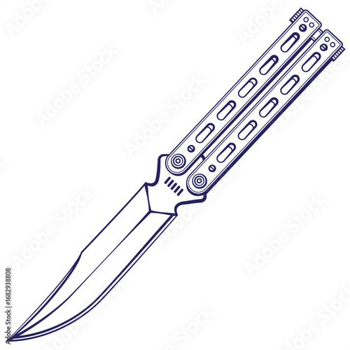 Butterfly Knife Vector Illustration, Detailed Balisong Folding Blade Drawing, Tactical Weapon Outline, Vintage Line Art Style, Minimalist Black and White Engraving Design, Collectible Combat Knife 