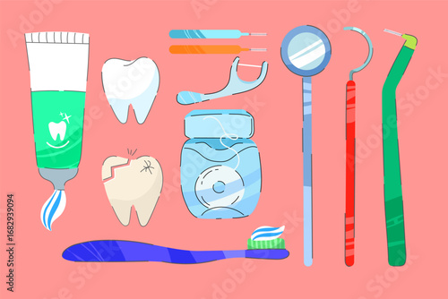 Set of mouth cleaning tools: teeth, toothbrushes, toothpaste, dental floss, mouthwash. Dental hygiene and oral care concept. Hand-drawn vector dental care set, icons, and doodles for healthy teeth