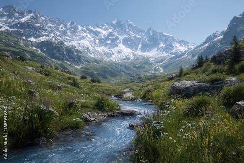 Alpine valley bathed in sunlight.  A clear stream flows through a meadow of wildflowers, nestled beneath snow-capped mountains. Lush vegetation and rocky outcrops