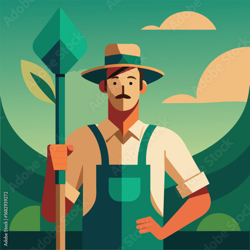 Farmer holding plant with mustache and hat vector