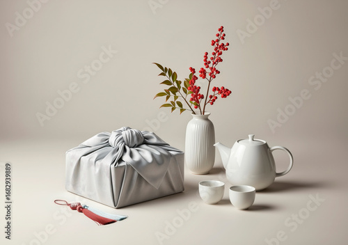 한국의 전통 명절 추석선물 보자기박스와 화병, 도자기 찻잔 세트