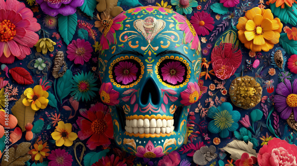 Fototapeta premium A vibrant sugar skull with intricate floral decorations surrounded by colorful petals, representing Día de los Muertos traditions and cultural artistry, captivating celebration of life and remembrance