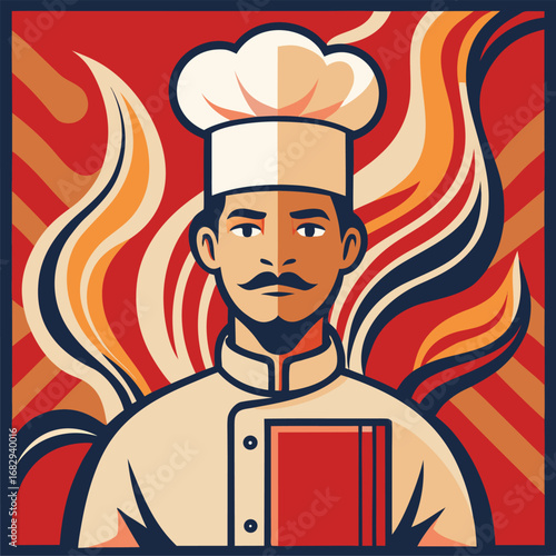 Stylized chef portrait with fiery background cook uniform