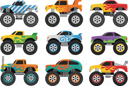 Monster truck cartoon grid, colorful vehicle set, flame and stripe designs, oversized tires, elevated suspension, racing icons, playful transport, kids illustration, automotive theme