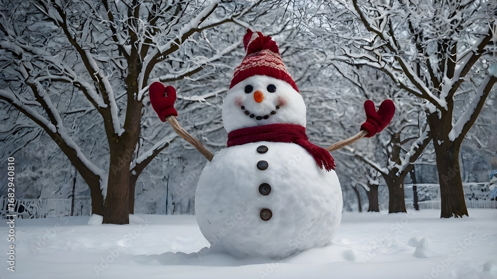 Fototapeta premium “Smiling snowman, winter wonderland, festive, cheerful atmosphere