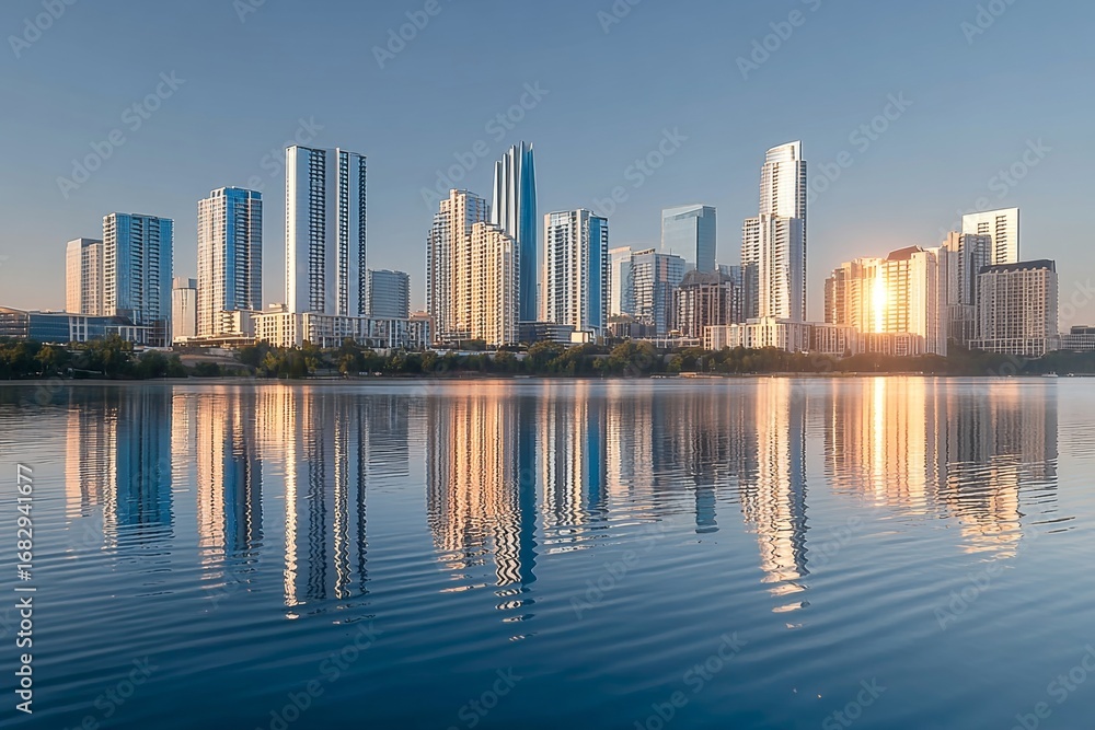 Fototapeta premium Beautiful Sunset Over a Cityscape Skyscrapers Reflected in Calm Waters for a Dreamy View