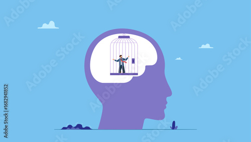 Businessman trapped inside birdcage on human head brain. Struggle prison mind, fixed mindset trapped inside psychology, stressed anxiety or overworked, slavery, despair prisoner or depression.